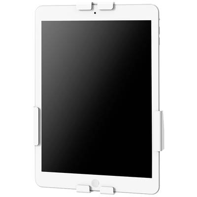 Tablet v bílém držáku. Obrazovka je černá. Držák má svorky nahoře, dole a po stranách.