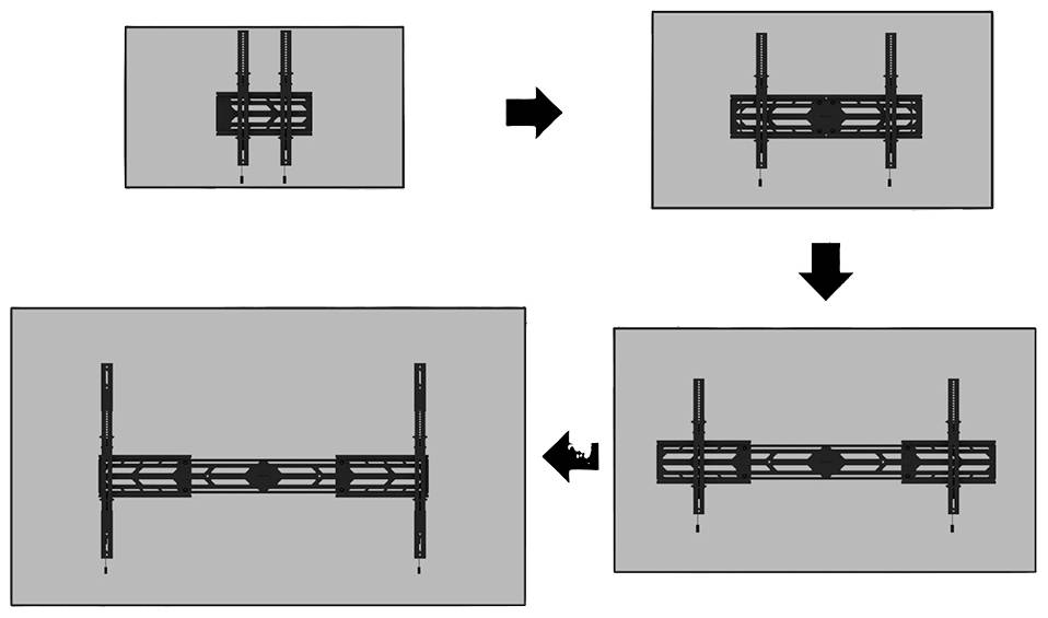 Postup kroků pro uchycení držáku na zeď. Čtyři diagramy znázorňují různé pohledy na upevnění.