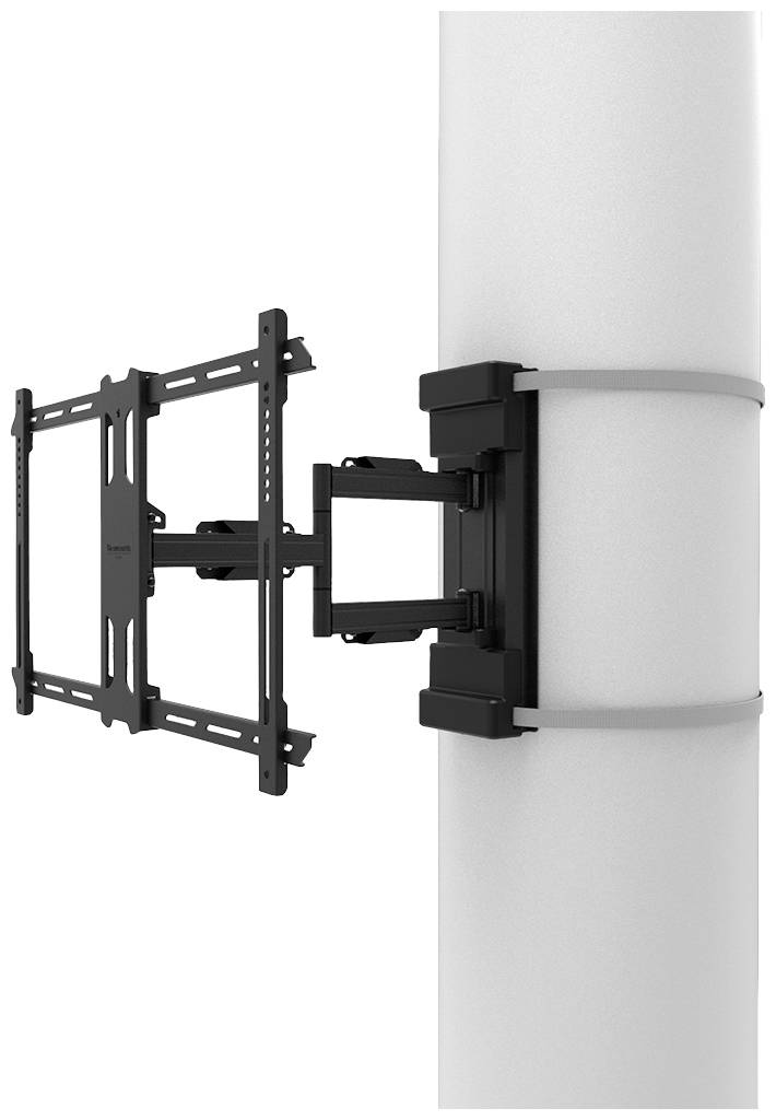 Nástěnný držák pro ploché televize upevněný na kulatém sloupu, s vysunutým ramenem, který umožňuje flexibilní naklápění a otáčení.