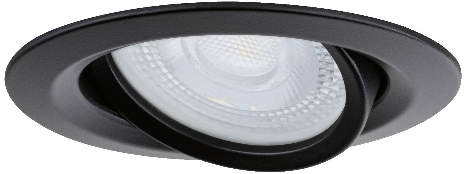 Černý vestavný reflektor s otočným mechanismem v kulatém designu, který obsahuje kulatou LED žárovku.
