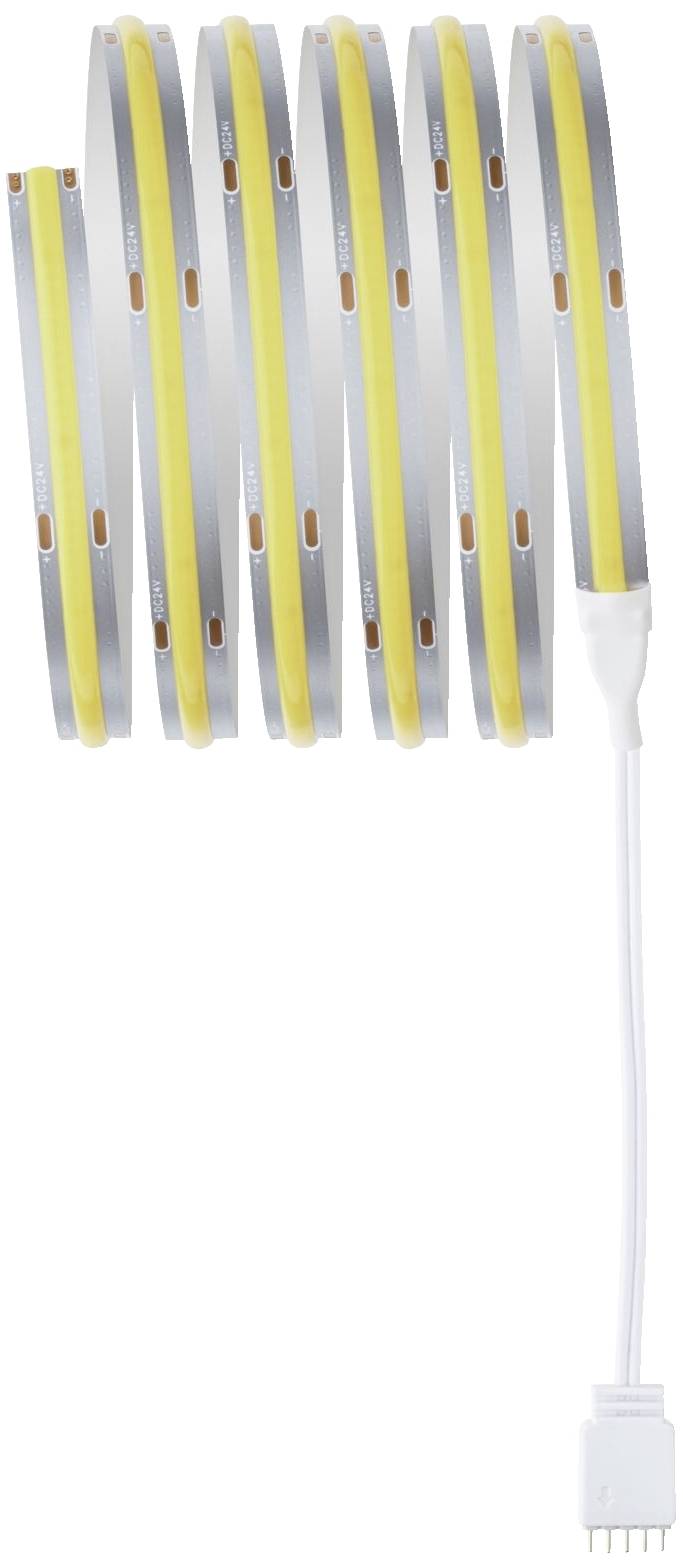 LED světelný pás se žlutými LED diodami na stříbrné pásce, stočený do šesti smyček. Bílá připojovací zdířka na konci.