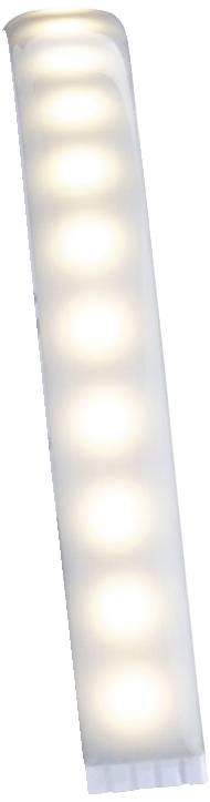 Podlouhlá nástěnná lampa s několika světelnými zdroji, které vyzařují měkké, rozptýlené světlo, v moderním designu.