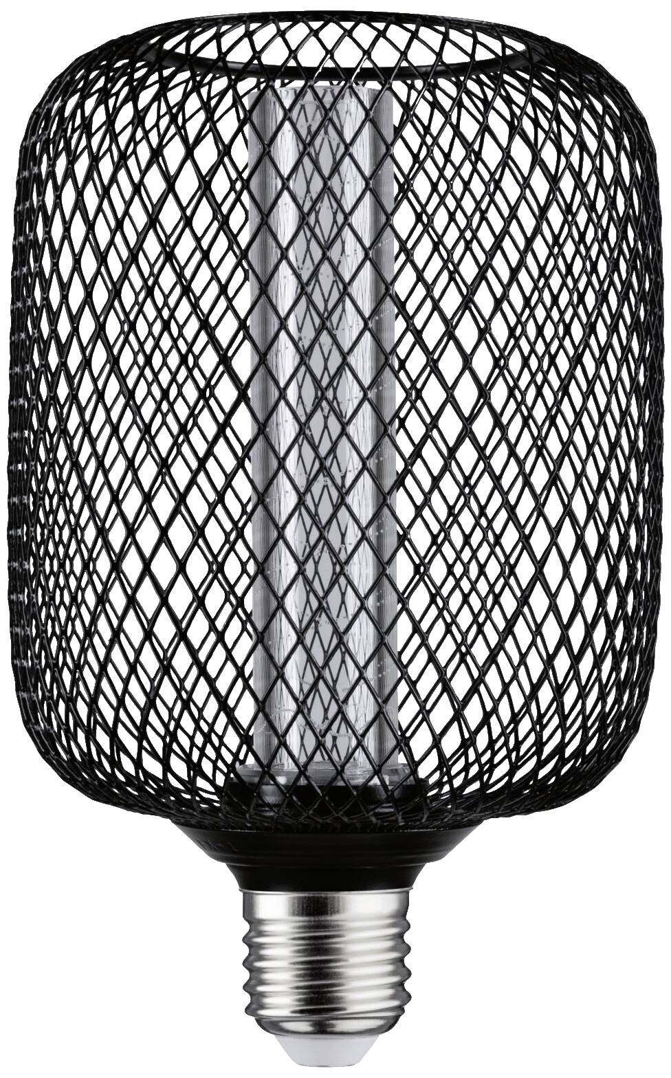 Žárovka s černou kovovou mřížkou, která vykazuje průmyslový design. Má patici Edison a čirou skleněnou konstrukci.