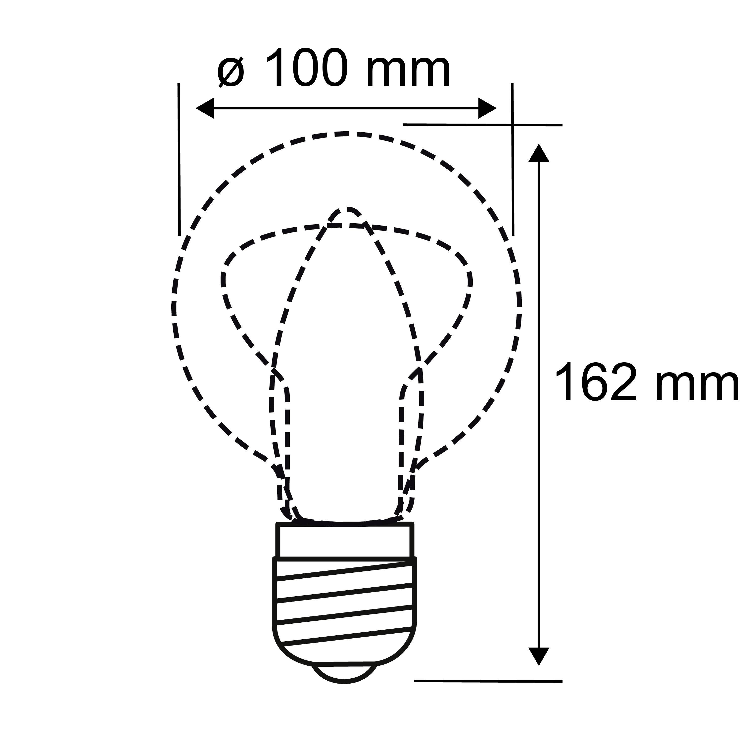 Diagram žárovky s rozměry: průměr 100 mm, výška 162 mm.