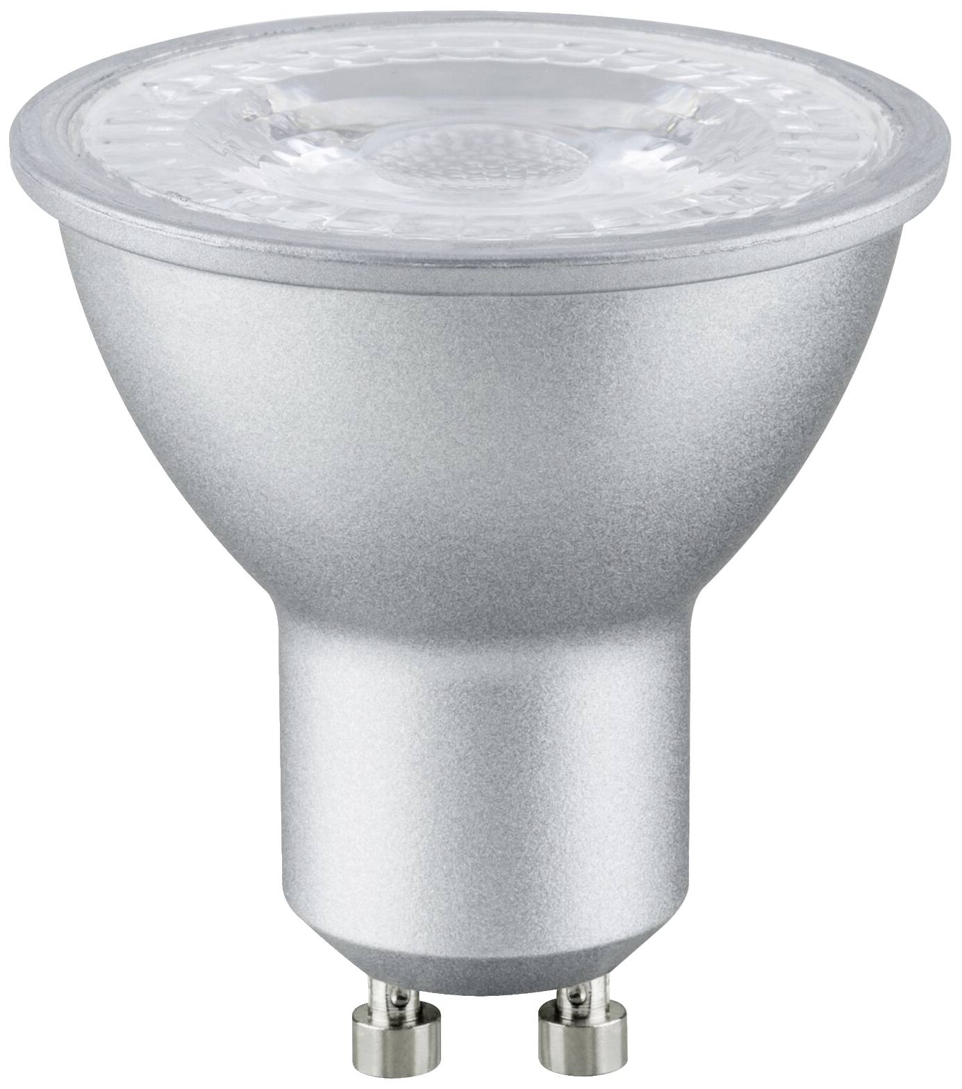 LED žárovka s paticí GU10, stříbrné tělo, průhledný kryt nahoře. Vhodná pro energeticky úsporné osvětlení.