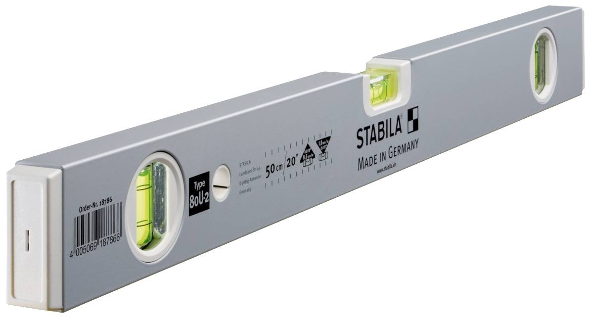 Kovová vodováha se dvěma libelami, s nápisem "STABILA Made in Germany", určená pro měření vodorovnosti a rovinnosti.