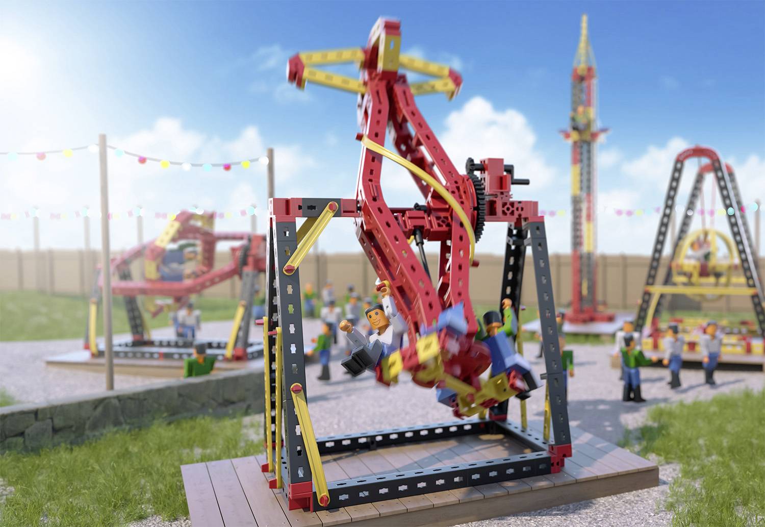 Lego pouť: Červeno-žluté vozidlo se houpá s minifigurkami, zatímco v pozadí jsou vidět další atrakce a postavičky.