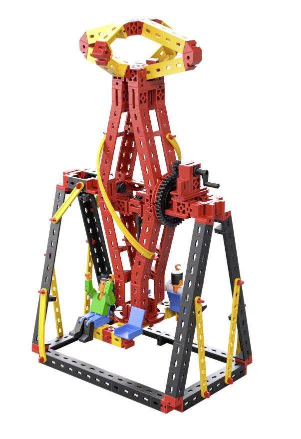 Barevná konstrukce kolotoče ze stavebnicových dílků podobných LEGU s pákovým mechanismem a dvěma malými figurkami sedícími na sedačkách.