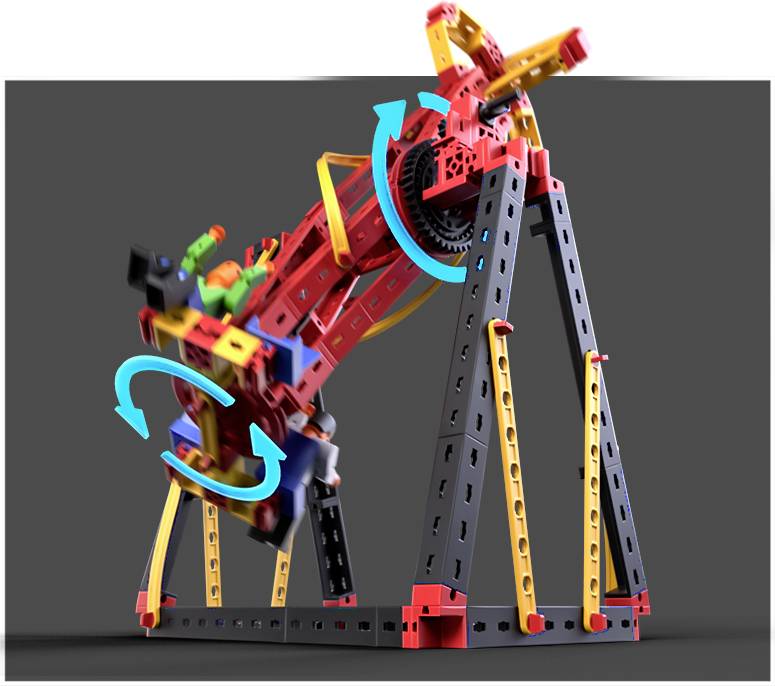 Barevný modelový vrtný věž z plastových stavebních dílků s rotujícími ozubenými koly a žlutými podpěrami, který ukazuje mechanickou funkčnost.