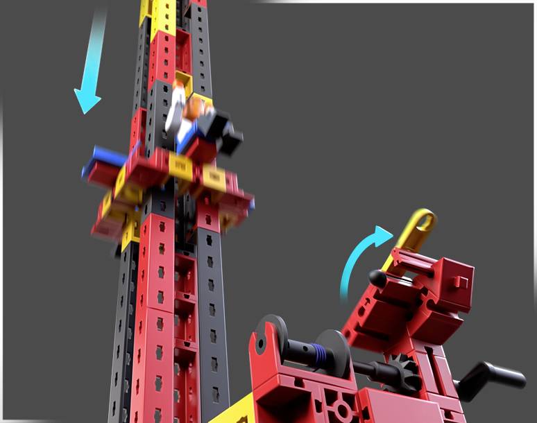 Barevná mechanická konstrukce ze stavebních dílů ukazuje zdvihací a otočný mechanismus s šipkami znázorňujícími směr pohybu.