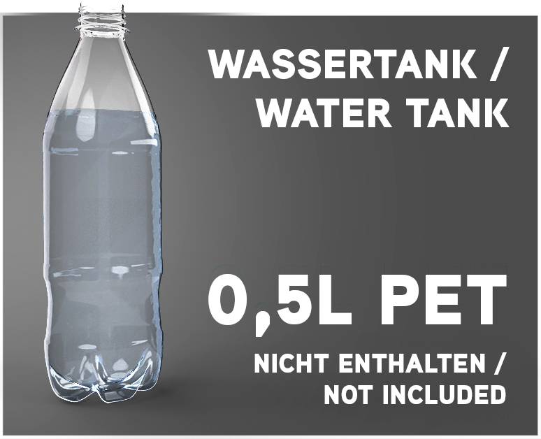 Plastová láhev na vodu stojí před šedým pozadím. Text: 'Vodní nádrž / Water Tank, 0,5L PET, není součástí balení / not included'.