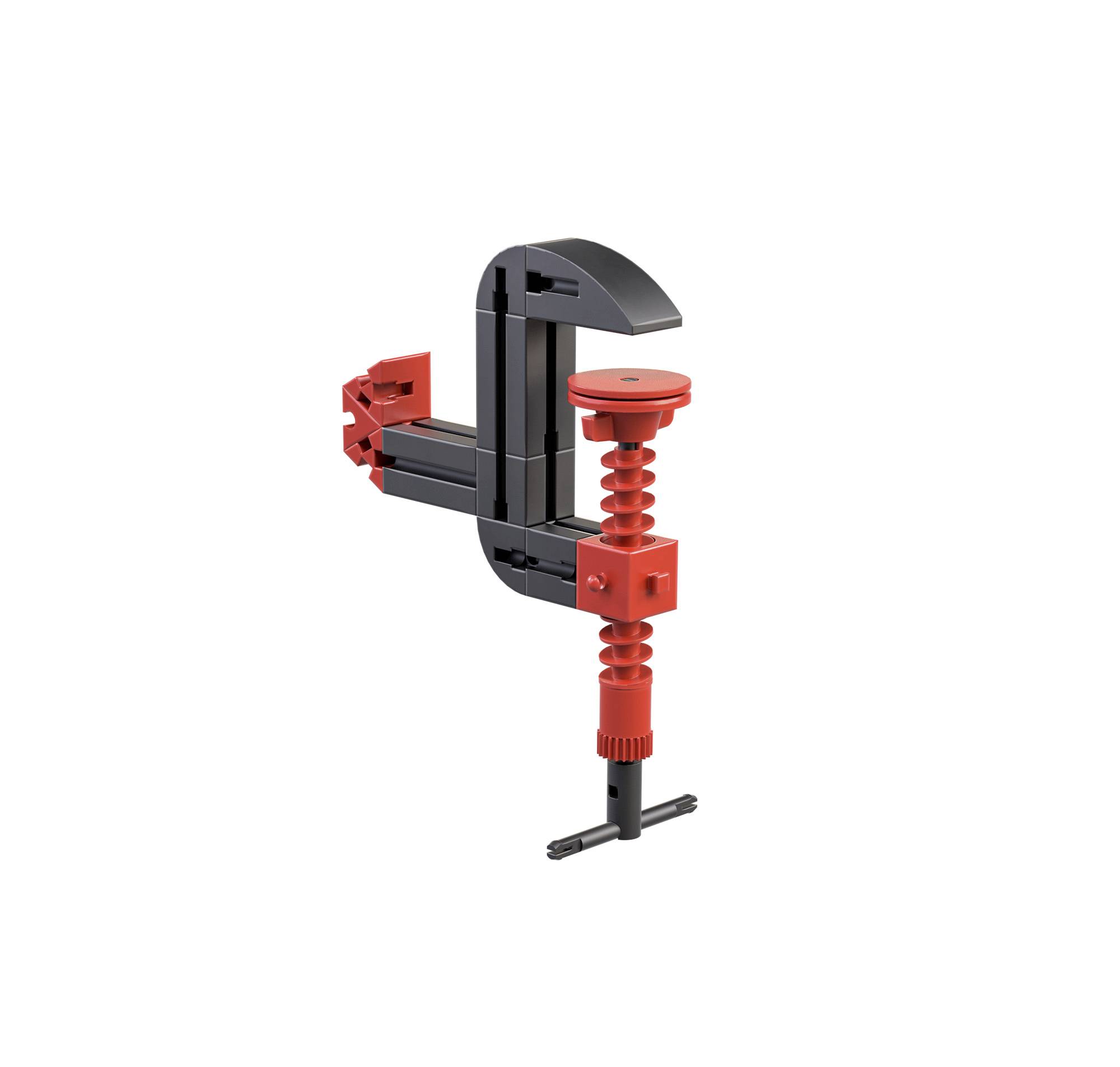 Černá a červená svorka složená z dílů LEGO ukazuje kloubový systém s nastavitelným šroubovým mechanismem.