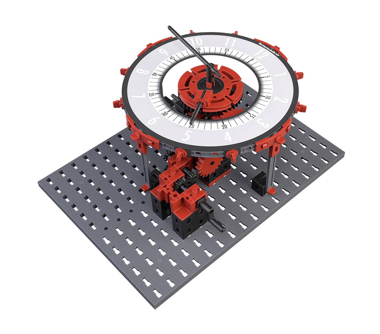 Mechanický model hodinek z červených a černých stavebních dílků, s viditelným ozubeným systémem a otočným kotoučem s číslováním.