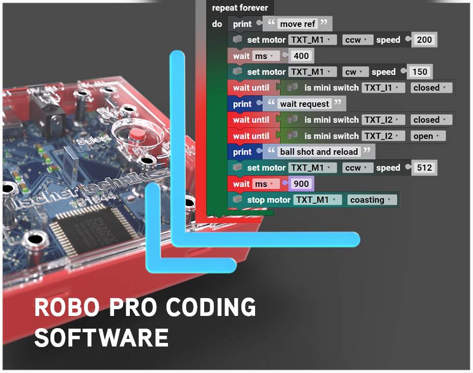 Software 'ROBO PRO Coding' zobrazuje vizuální programovací rozhraní pro ovládání motoru s přepínacími podmínkami a úpravami rychlosti.
