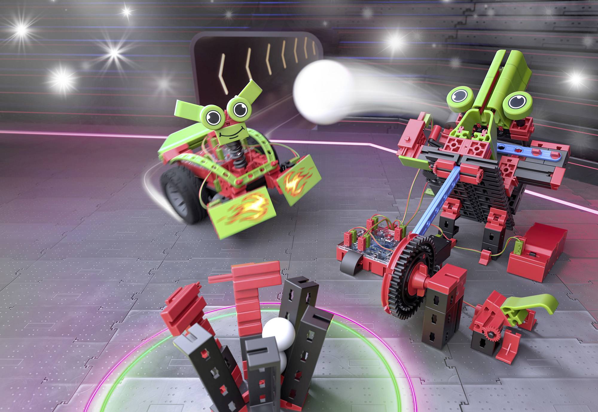 Dvě barevné, robotům podobné hračky proti sobě v futuristickém prostoru. Jedna z nich hází míč na věž z kostek.