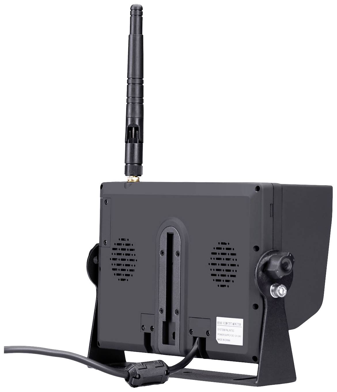 Pohled zezadu na černé elektronické zařízení s anténou, držákem a kabely, pravděpodobně monitor nebo radiostanice.
