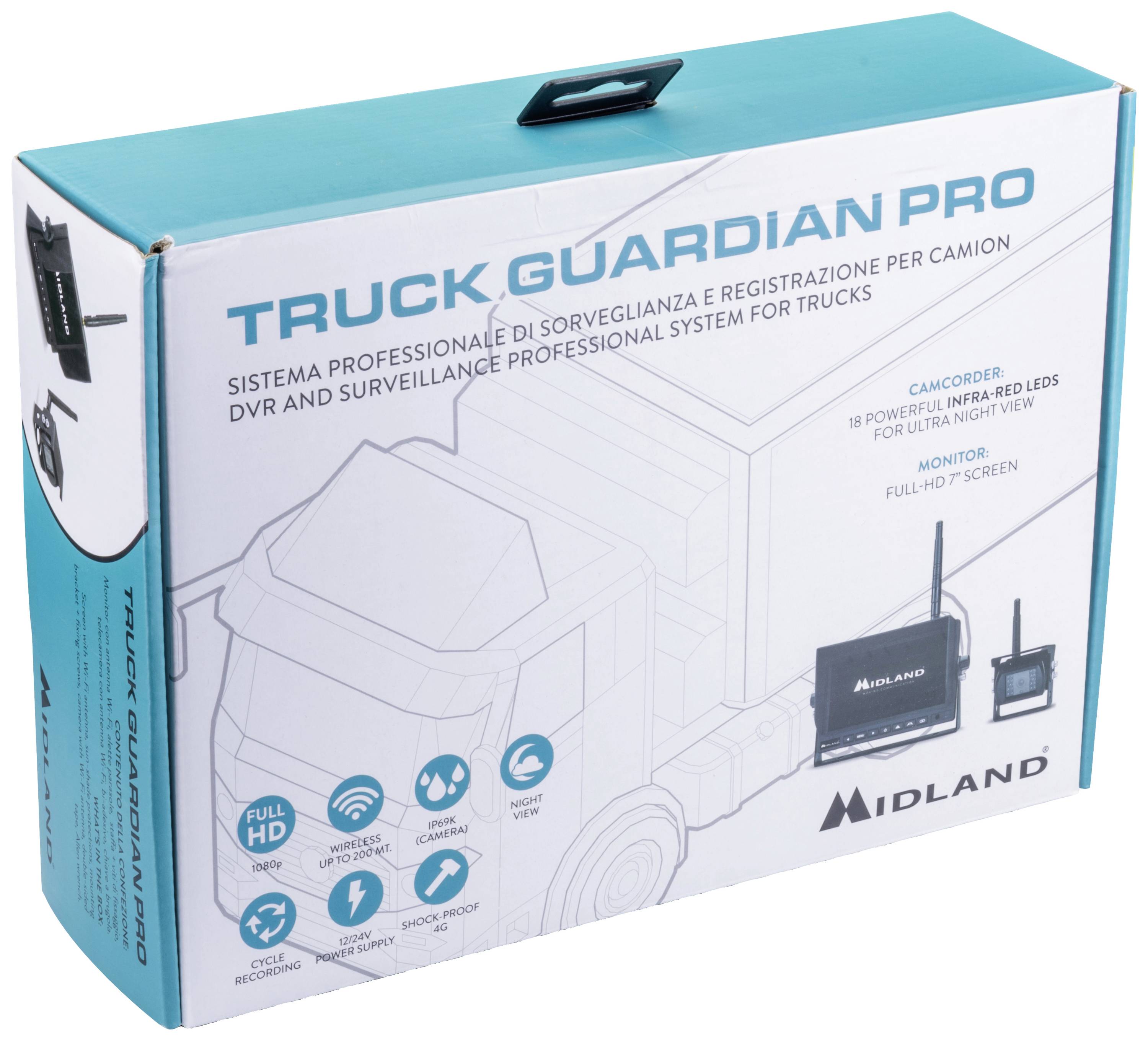 Balení 'Truck Guardian Pro' zobrazuje monitorovací systém pro nákladní vozy, vybavený DVR rekordérem s kodekem H.264 a uvedeným Full-HD monitorem.