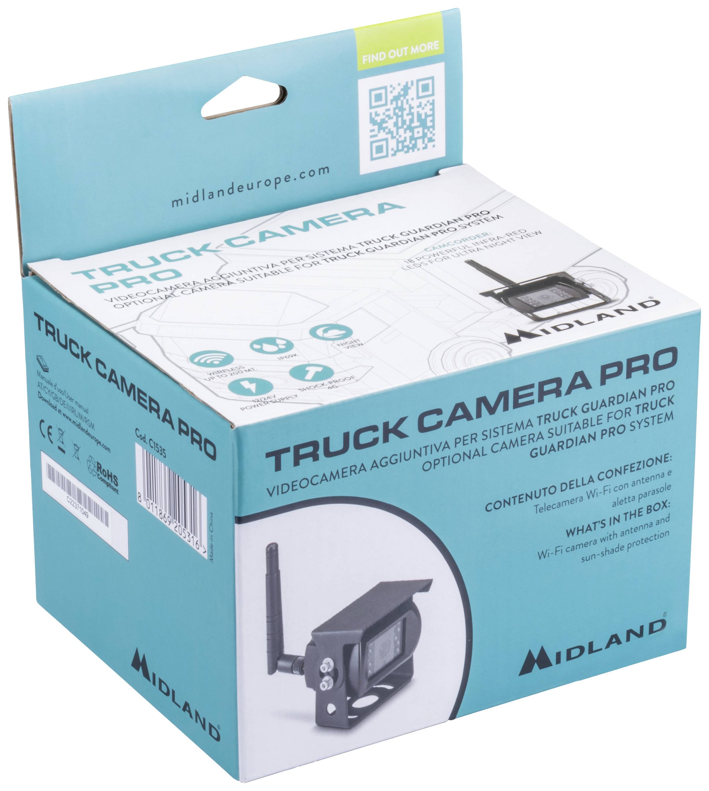 Kartonová krabice kamery 'Truck Camera Pro' od společnosti Midland, zobrazující obrázek kamery, popis produktu a klíčové technické specifikace.