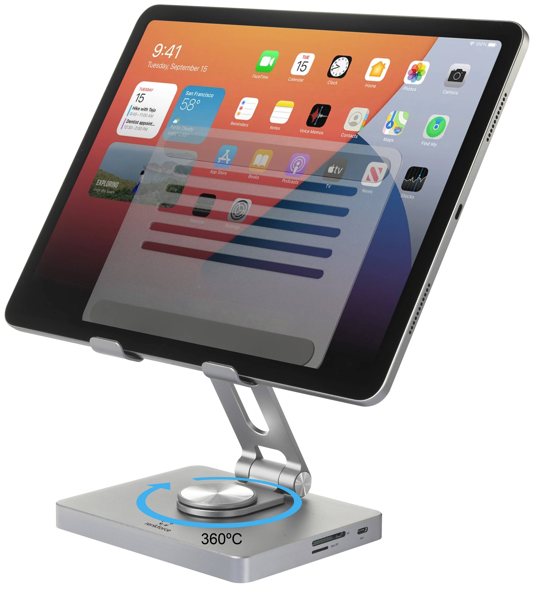 Tablet na nastavitelném stojanu s několika aplikacemi na obrazovce. Stojan ukazuje 360° otočnost.
