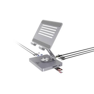 Stříbrný, nastavitelný stojan na notebook s integrovanými USB porty a čtečkou SD karet. Několik kabelů je připojeno.
