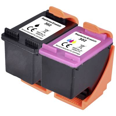 Tiskové kazety v černé a barevné variantě, s etiketami 'Nahrazuje Encre 302' a symbolem recyklace, umístěné na oranžovém držáku.