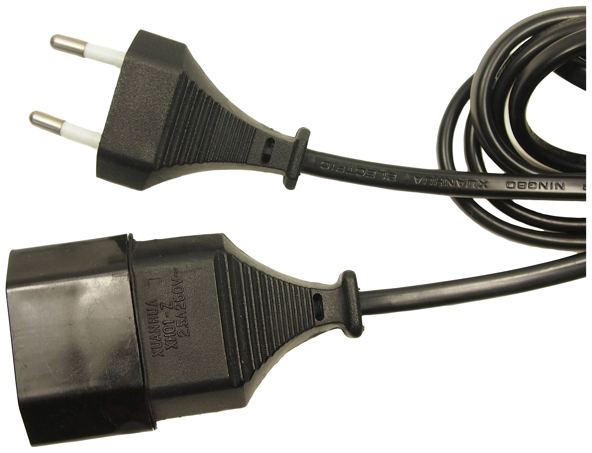 Černý elektrický kabel s dvoupólovým zástrčkovým adaptérem a obdélníkovým připojovacím konektorem. Vhodný pro evropské zásuvky.