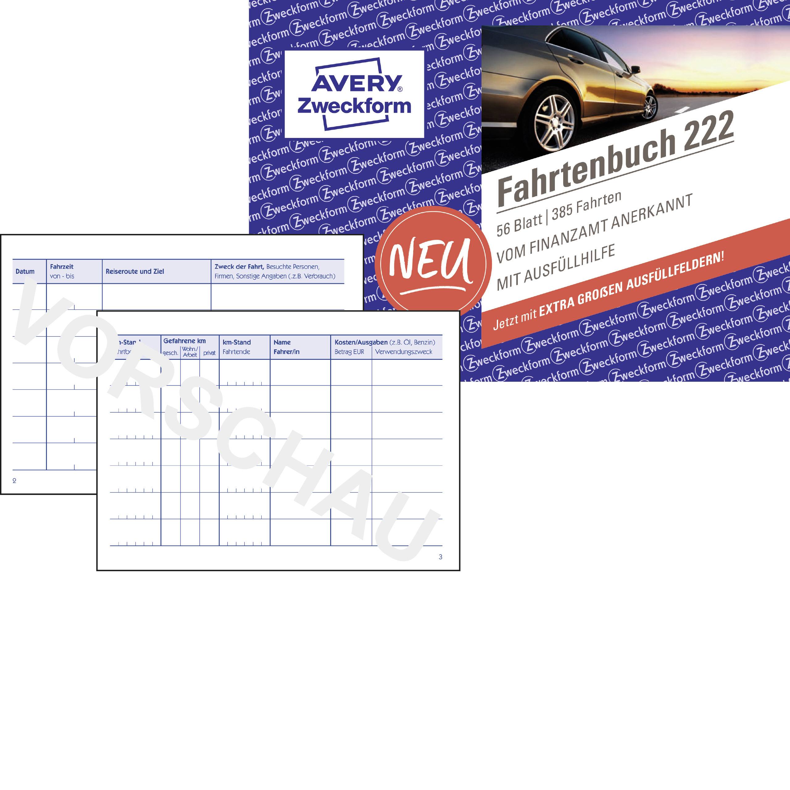 Kniha jízd 222 od Avery Zweckform, 385 listů, uznaná finančním úřadem. Poskytuje formuláře pro dokumentaci jízd.