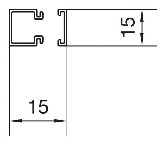 Diagram znázorňuje L-profil se dvěma stranami dlouhými 15 mm. Zobrazení vizualizuje rozměry profilu.