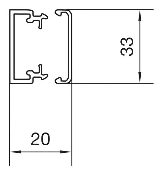 Příčný řez obdélníkového profilu s rozměry 20 × 33 mm, šířka 20 mm a výška 33 mm jsou vyznačeny.