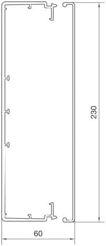 Příčný řez obdélníkového krytu s rozměry: šířka 60 mm, výška 230 mm. Zobrazuje detaily vnitřní struktury a upevňovacích bodů.