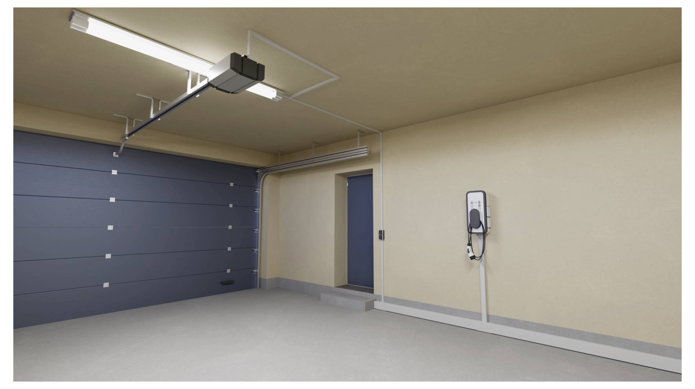 Čistý interiér garáže s uzavřenými modrými garážovými vraty a nabíjecí stanicí pro elektrická vozidla namontovanou na pravé stěně.