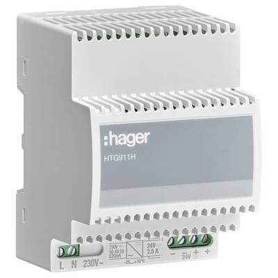 Bílý elektrický modul 'Hager HTG911H' určený pro upevnění v rozvaděči. Je vybaven šroubovacími kontakty pro elektrické připojení.