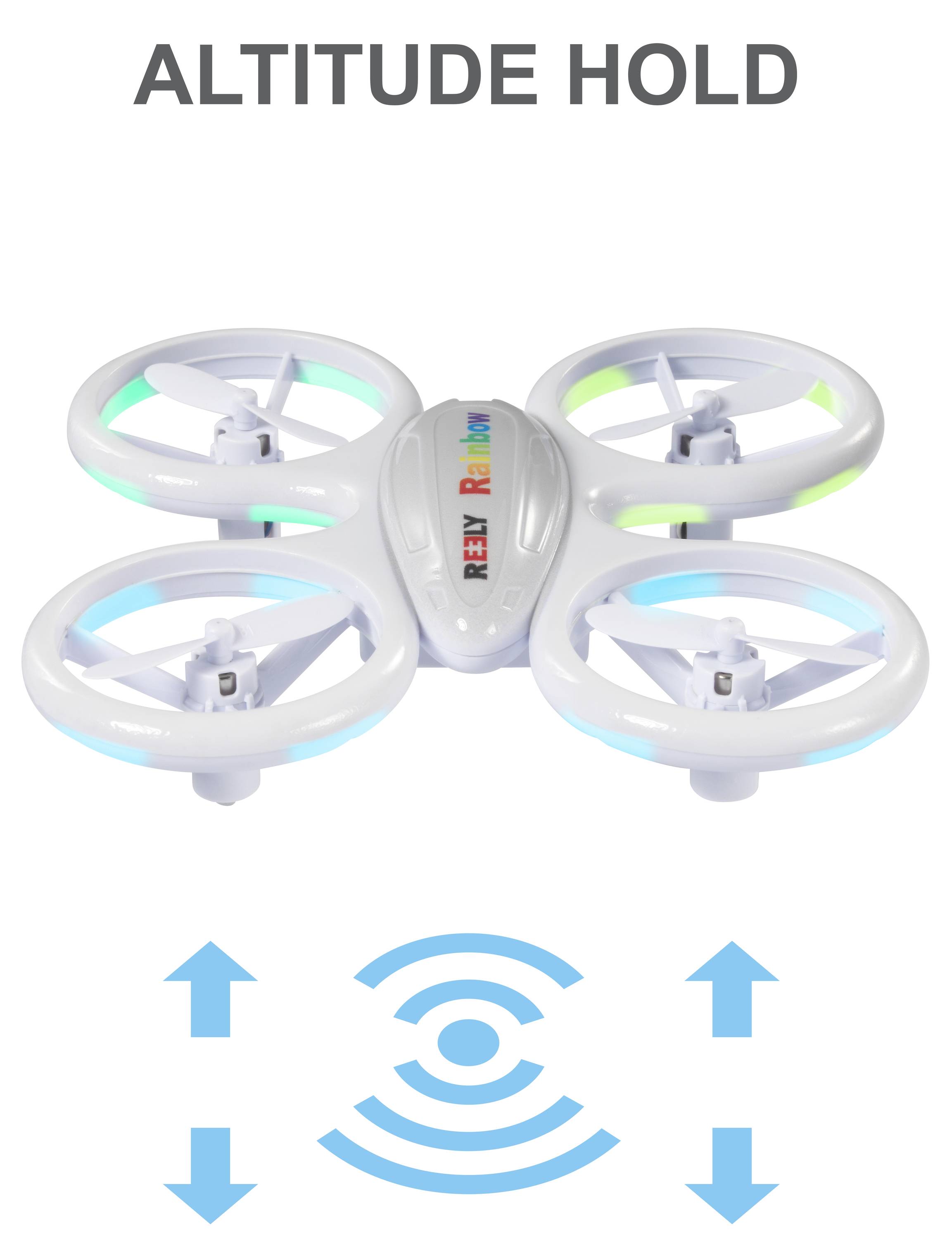 Bílý dron se čtyřmi rotory visí ve vzduchu. Nad ním je nápis 'ALTITUDE HOLD'. Dole jsou symboly pro výškovou stabilitu.