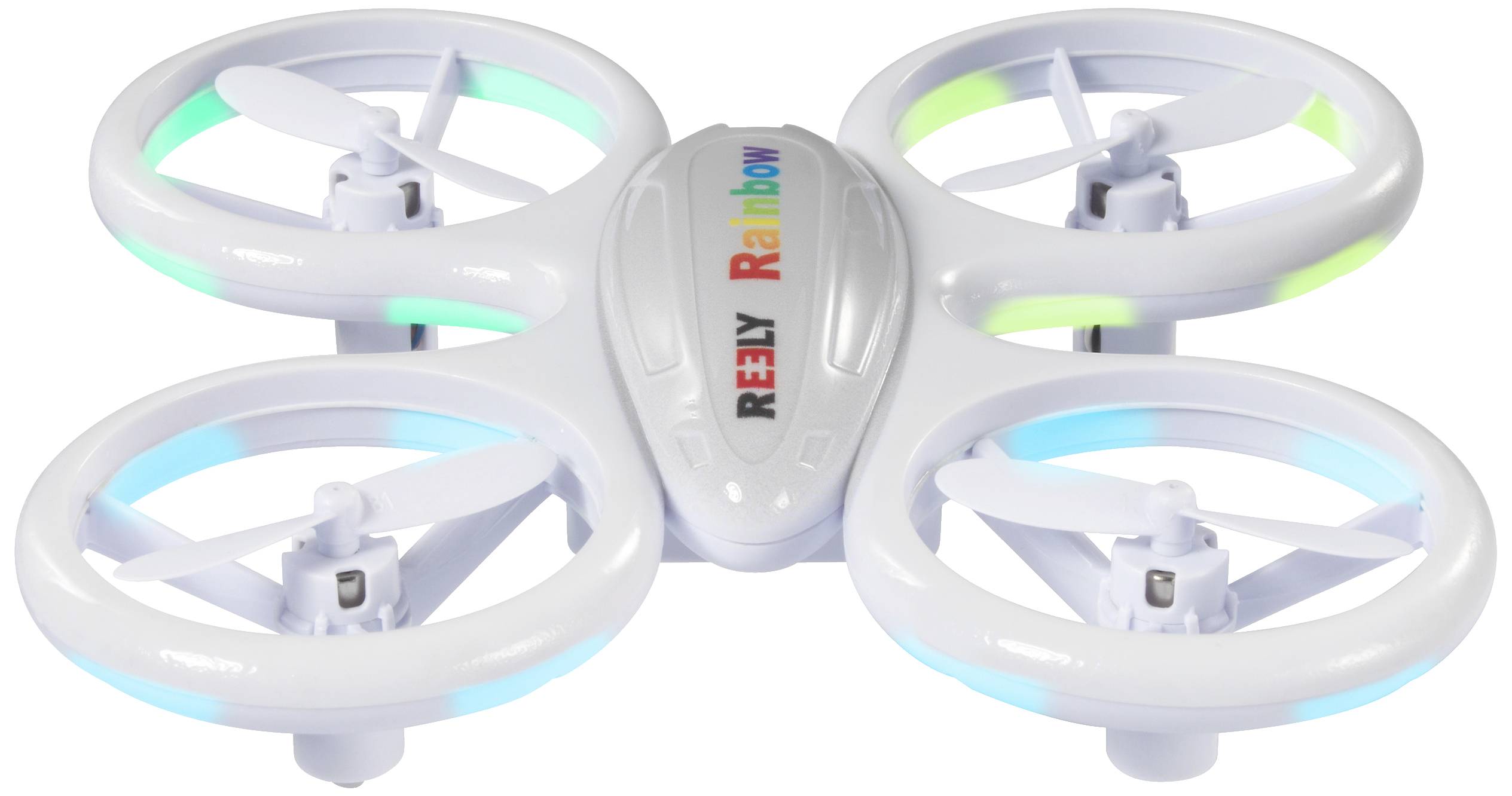 Bílý mini dron se čtyřmi rotory a modrými a zelenými světly, s nápisem "REELY Rainbow".