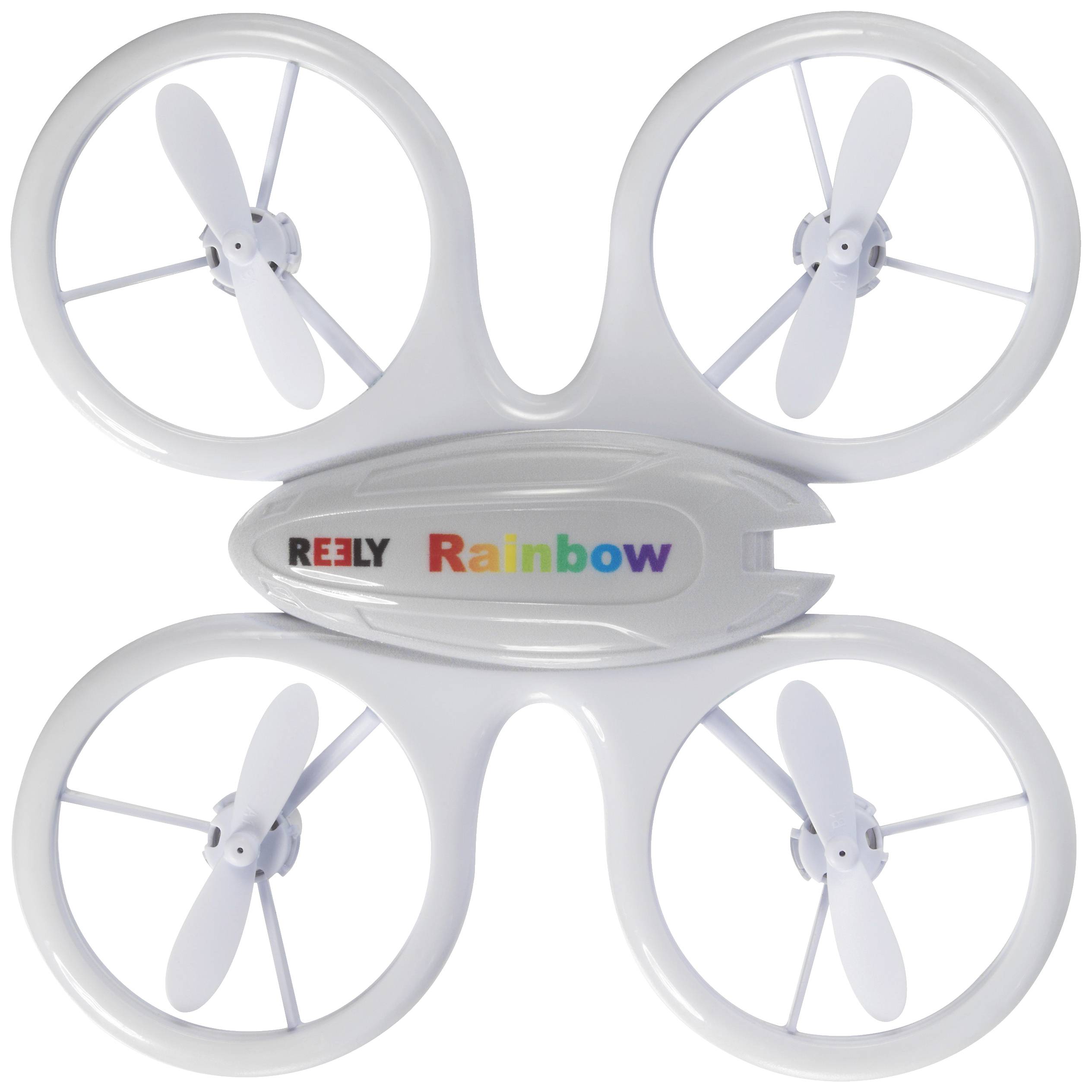 Bílý dron se čtyřmi vrtulemi, označený nápisem 'Reely Rainbow' na centrální části těla.