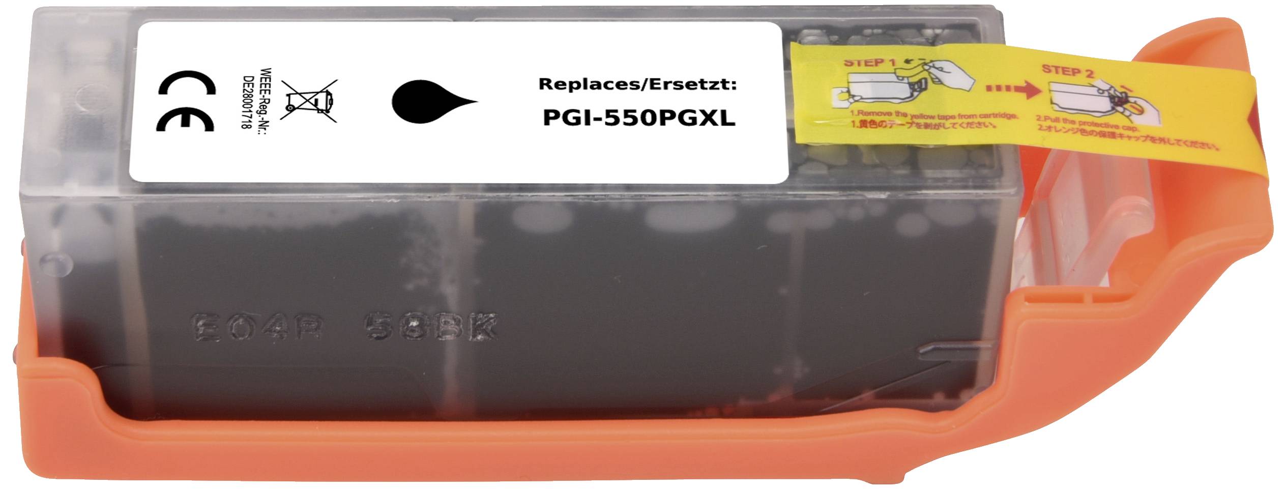 Tisková kazeta PGI-550PGXL v černém obalu. Nahoře žlutý štítek s pokyny k instalaci.