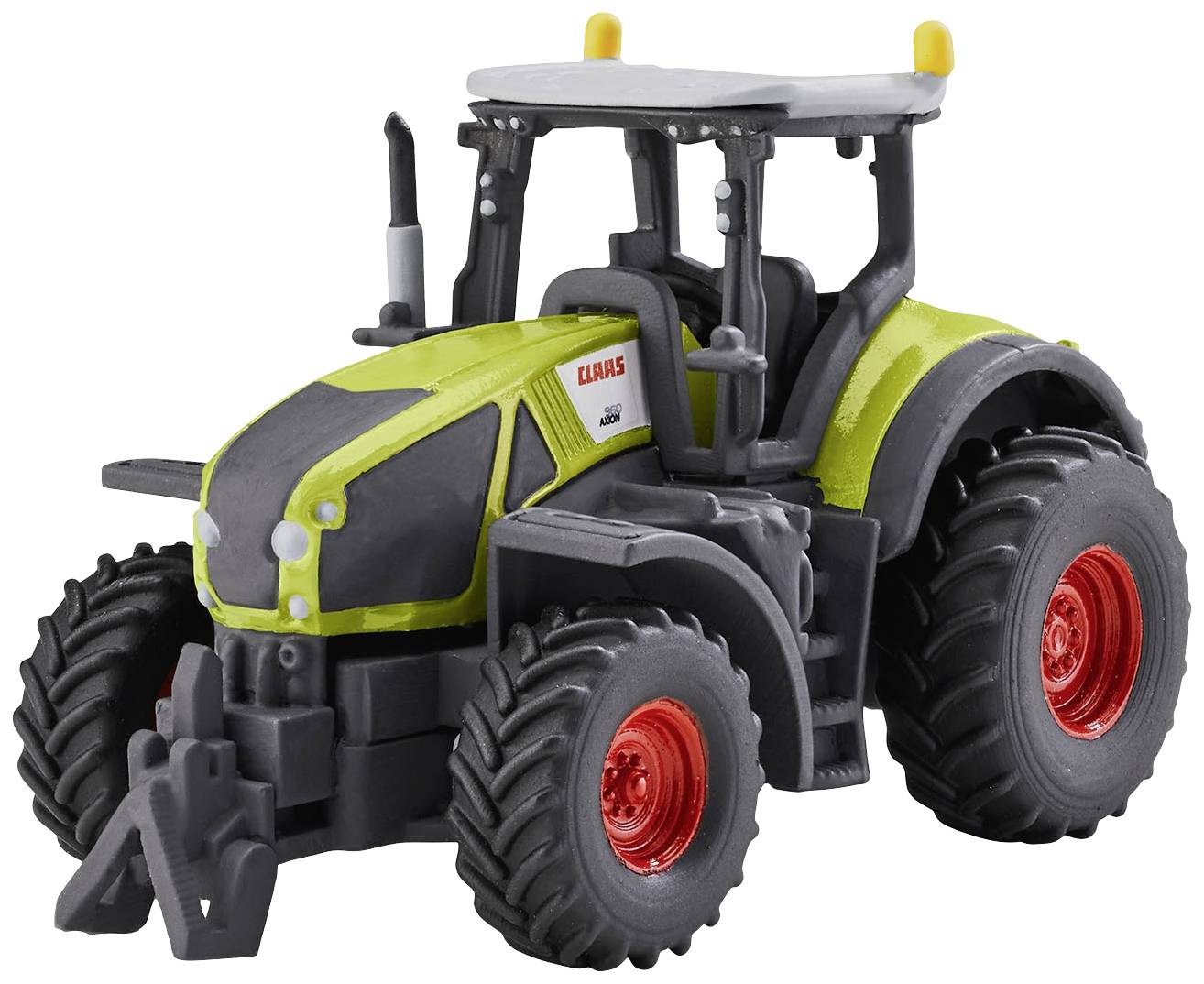 Zelený hračkový traktor s červenými koly a bílými světly. Označený malým nápisem na kapotě motoru.