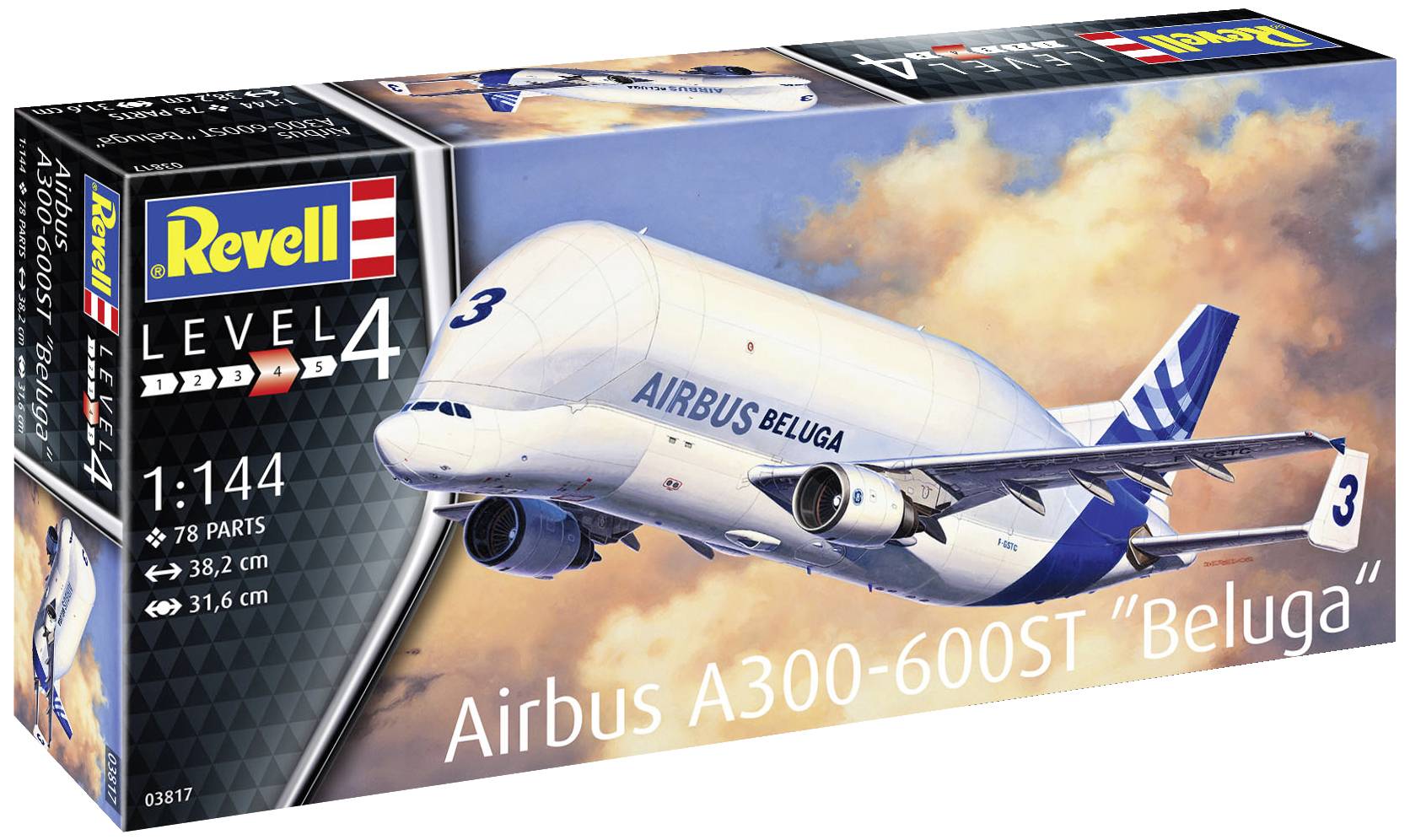 Model letadla 'Airbus A300-600ST Beluga' od Revell, stupeň obtížnosti 4, měřítko 1:144. Obal zobrazuje letící letadlo.