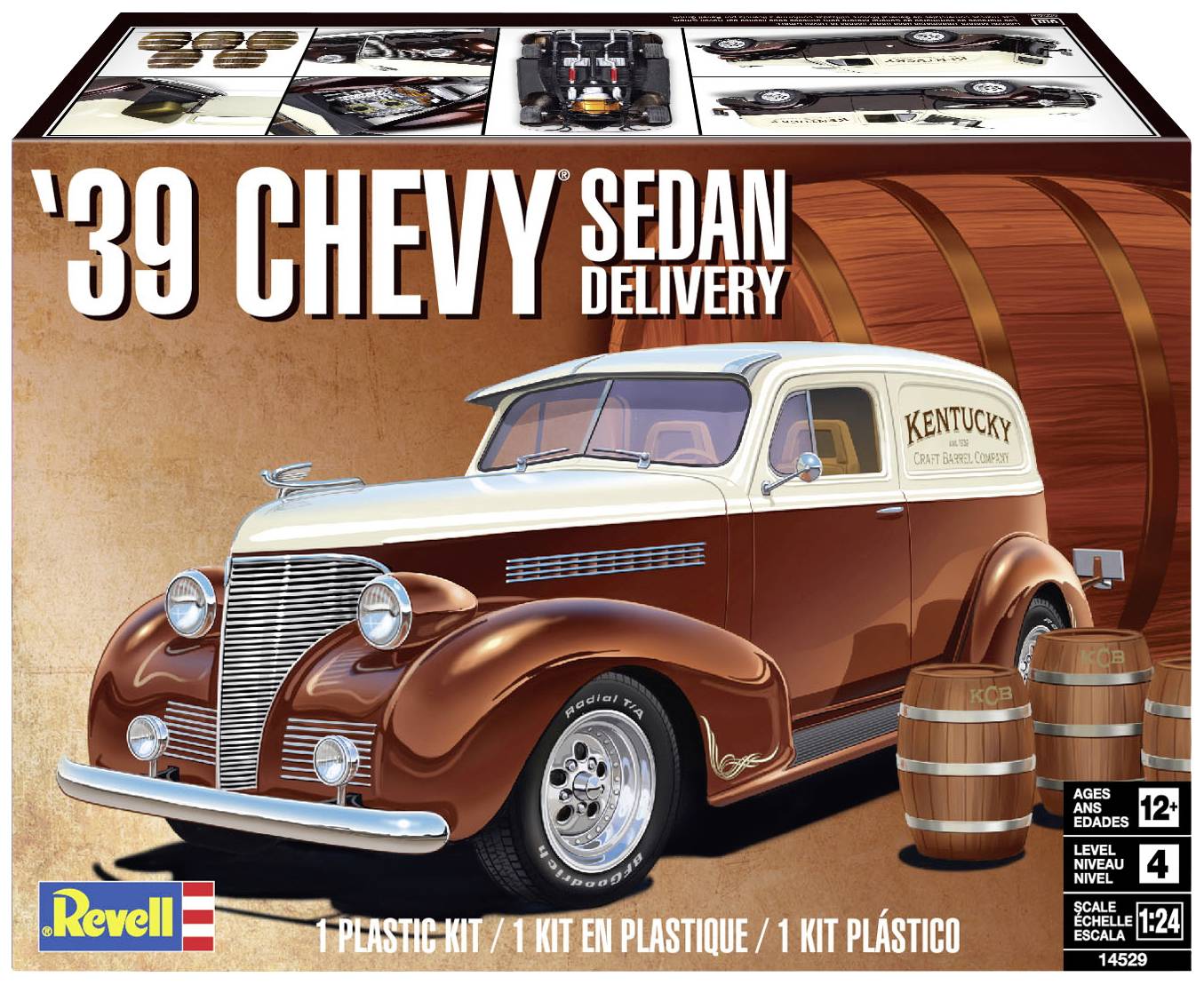 Modelářská sada zobrazuje Chevrolet Sedan Delivery z roku 1939 v hnědé a bílé barvě, zobrazený z boku, s textem 'Kentucky'. Vhodné pro děti od 12 let.