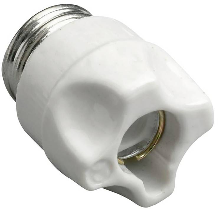 Bílý porcelánový adaptér na žárovku se závitem E27 pro připojení osvětlovacích těles k různým světelným objímkám.