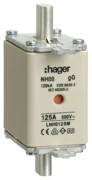 Elektrická pojistka značky Hager, typ NH00 gG, 125A, 500V, vhodná pro standardy VDE 0636-2 a IEC 60269-2.