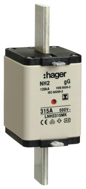 Pojistka NH2, kategorie gG, 120kA, 500V, 315A, výrobce Hager, normy VDE 0636-2 a IEC 60269-2