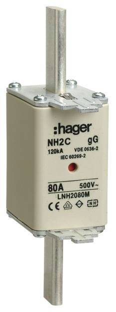 Pojistka NH od společnosti Hager s označením 'NH2C', vhodná pro 120 kA, 500 V, 80 A, odpovídající normám VDE 0636-2 a IEC 60269-2.