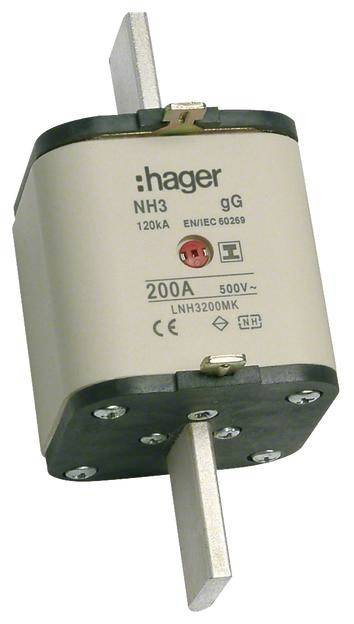 'Pojistka, Hager NH3 gG, 200A, 500V, 120kA' ukazuje elektrickou NH3 pojistkovou vložku od výrobce Hager s technickými parametry.