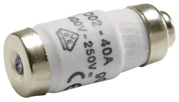Bílá válcová pojistka s kovovými koncovkami. Označení 'D02 - 40A, 400V - 250V'.