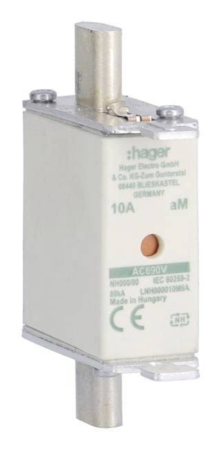 Pojistka Hager, model NH000, 10A, 690V, vhodná pro nadproudovou ochranu v elektrických zařízeních.