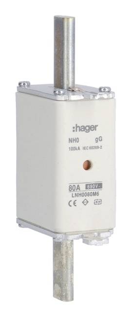 Na obrázku je pojistka Hager NH s označením 'NHO gG', 80A, 690V, 100kA, podle normy IEC 60269-2, určená k jištění elektrického obvodu.