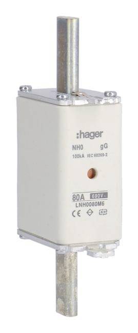 Bílá NH pojistka od Hageru, model NHO gG, 80A, 690V.