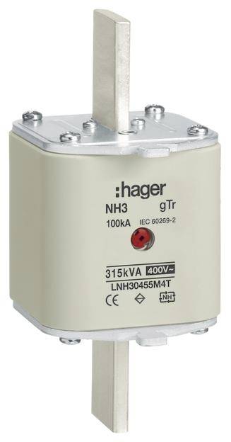 Pojistka NH společnosti Hager, typ NH3 gTr, s jmenovitým výkonem 315 kVA a napětím 400 V, vhodná pro 100 kA.