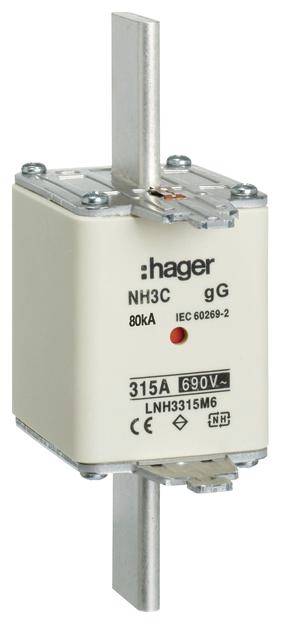 Hagerův NH pojistkový vložek s nápisem 'NH3C 80kA, 315A, 690V, IEC 60269-2', používaný pro elektrické jištění.